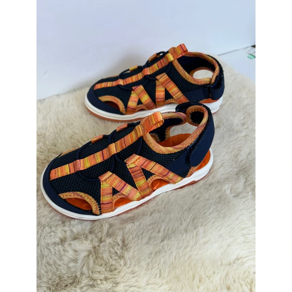 Lands End Kids Water Sandals Navy Orange Striped Mesh Closed Toe 11M‎ 528287